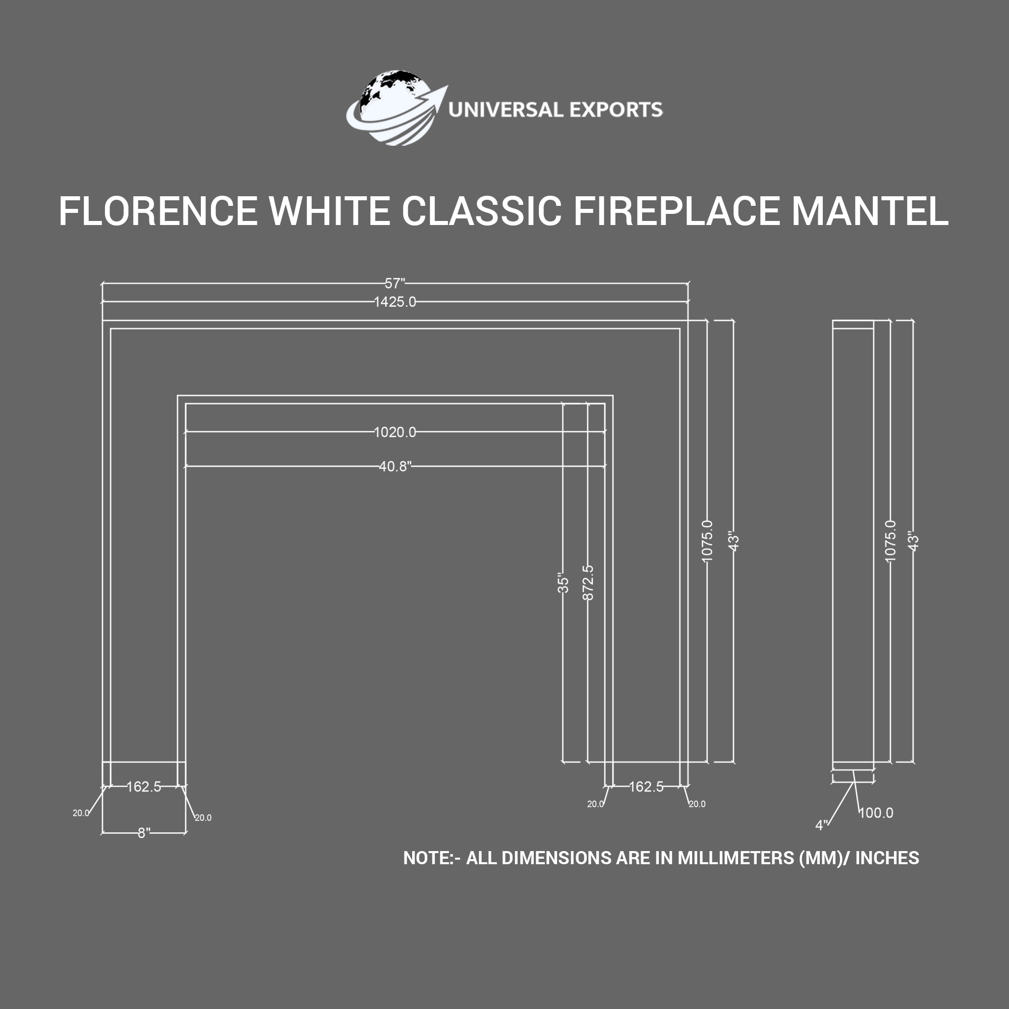 Florence White Classic Mantel Fireplace Mantel Size Universal Exports
