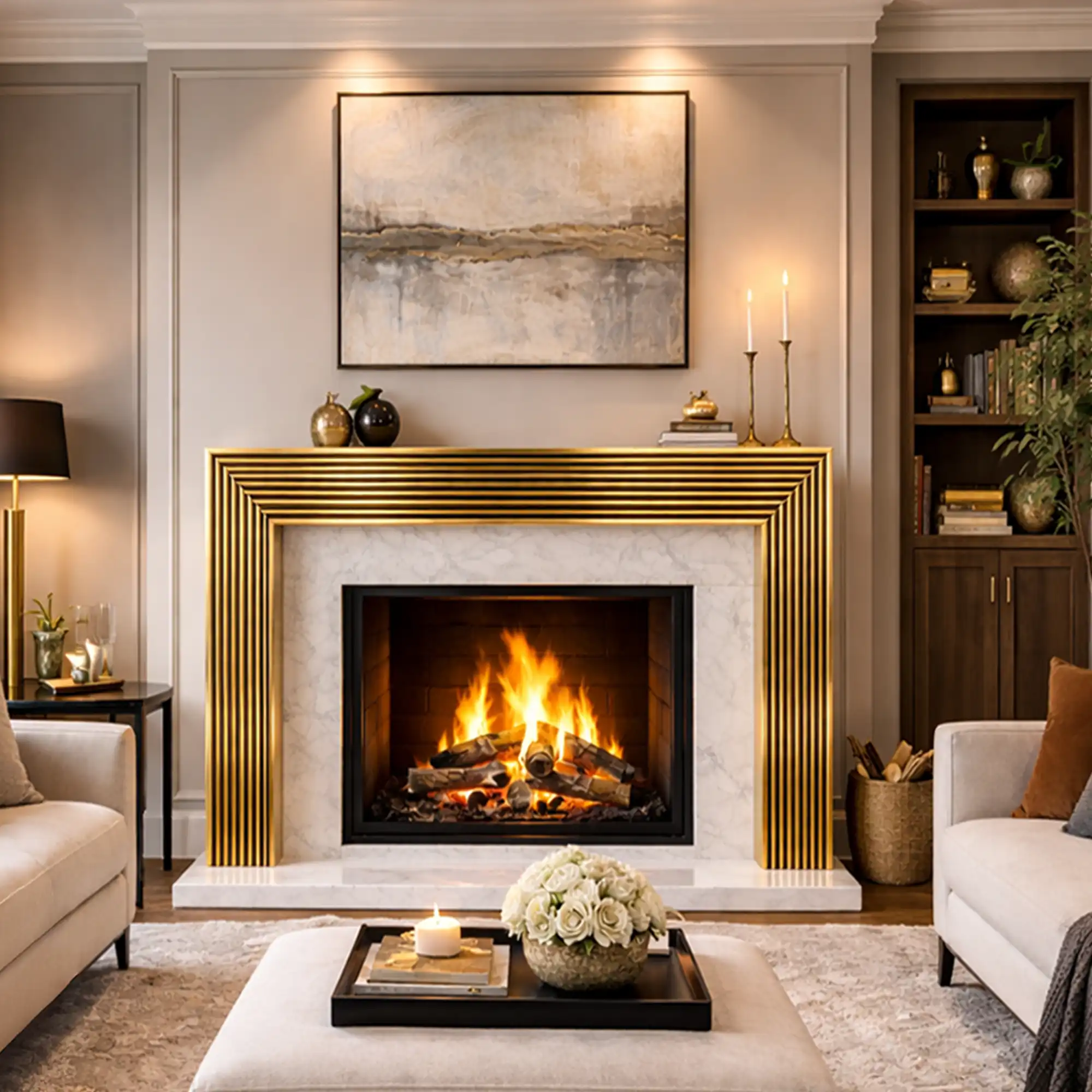 Antiqued Fluted Brass Fireplace Mantel Surround